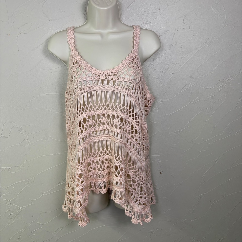 Lumiere Crochet Open Knit Tank Top Cover Up‎ Women L Pastel Pink Boho Festival